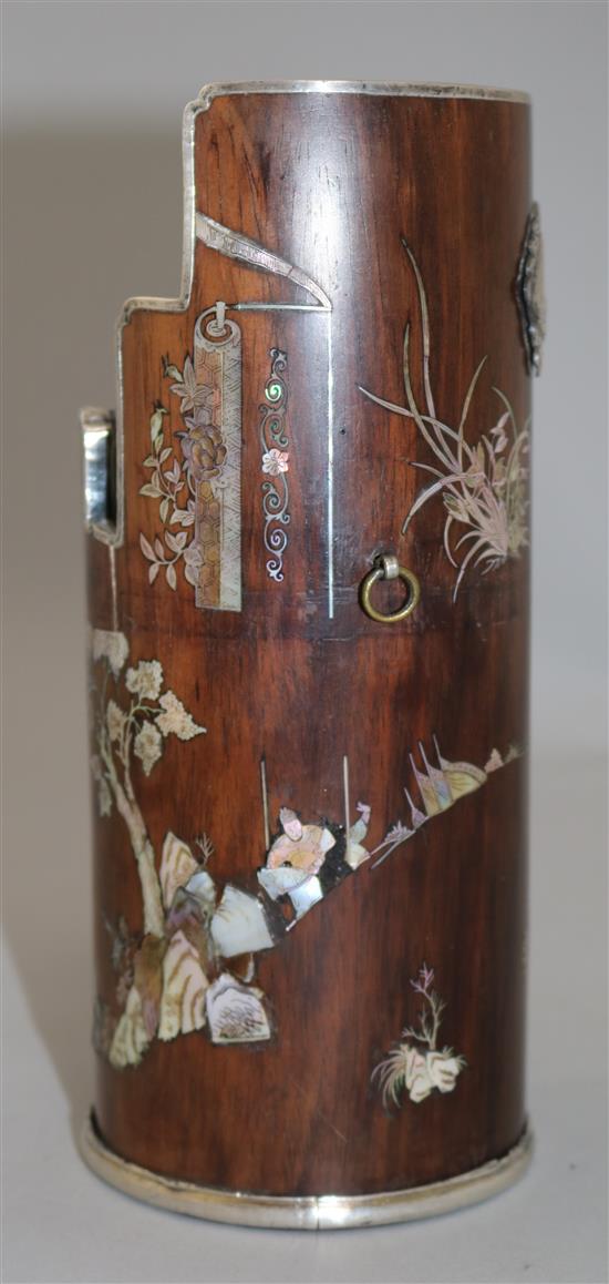 A Chinese rosewood and mother of pearl inlaid pipe holder, 21cm